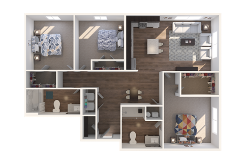 Floor plan for 3 beds, 2 baths, 1183 sqft